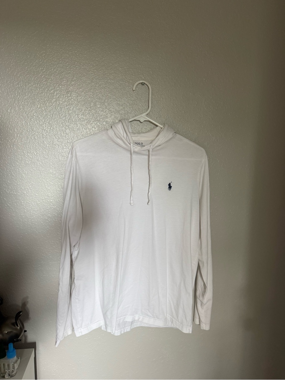 Polo by Ralph Lauren White Long-Sleeve Hooded Shirt with Navy Logo